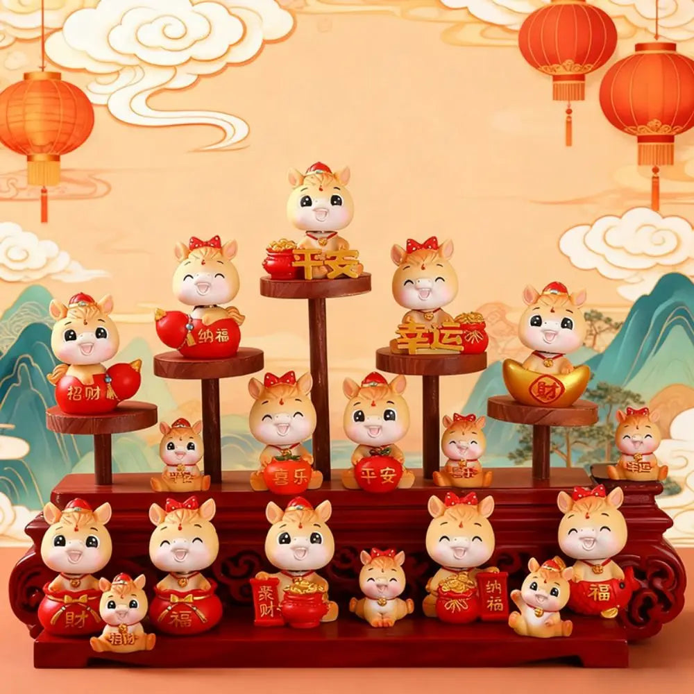 Cartoon Horse Chinese New Year Resin Figurine Gold Red Lucky Charm