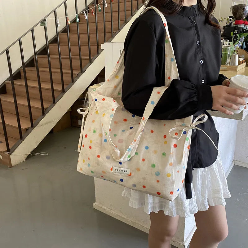 Korean Polka Dot Plaid Canvas Shoulder Bag – Large Capacity Canvas Shoulder Bag Nixie