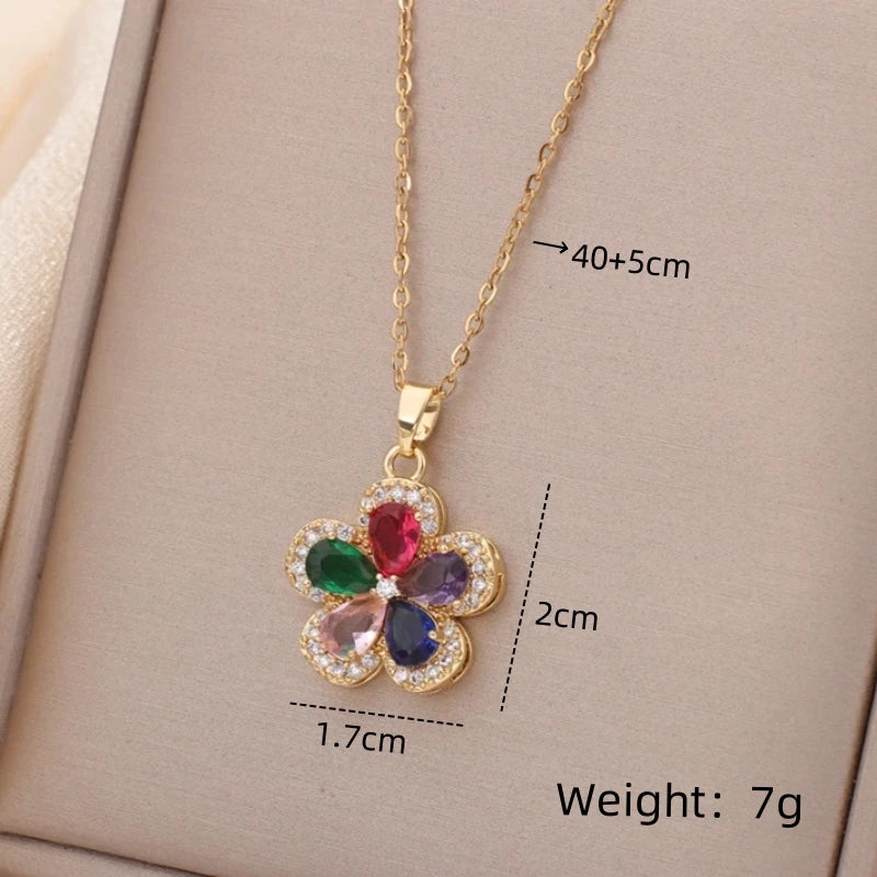 Rainbow Flower Pendant Necklace | Gold Stainless Steel Choker Pendant Necklace Nixie