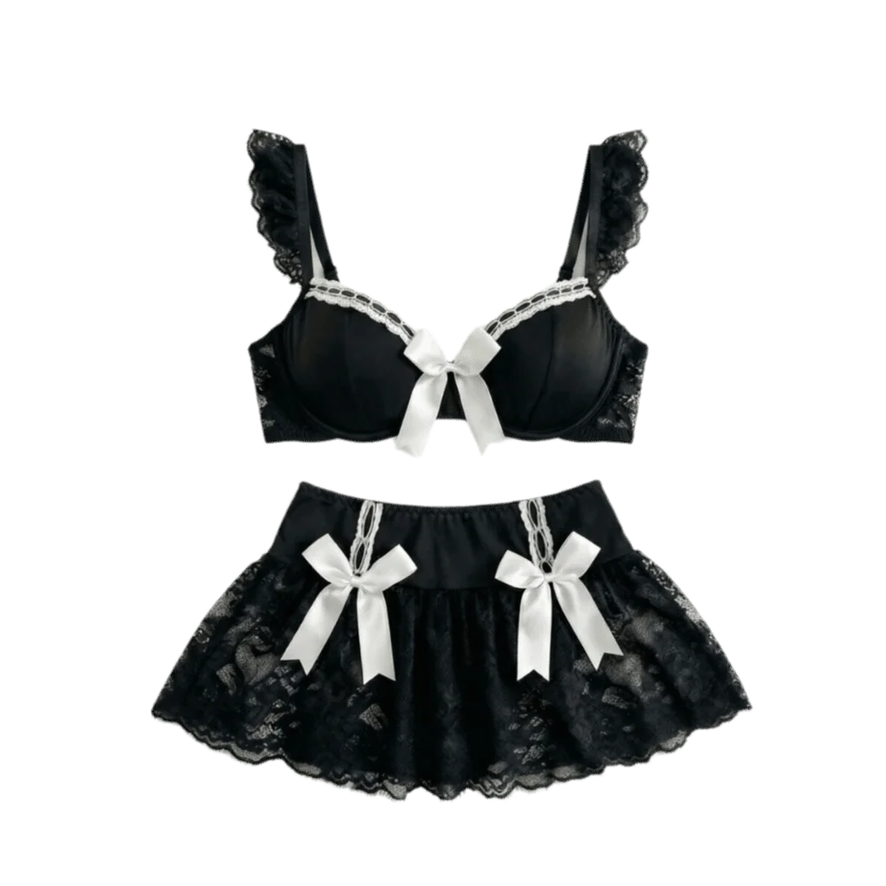 Lace Lingerie Set – Sheer Backless Mini Skirt & Bra Pajama Set Lace Lingerie Set Nixie Black XL