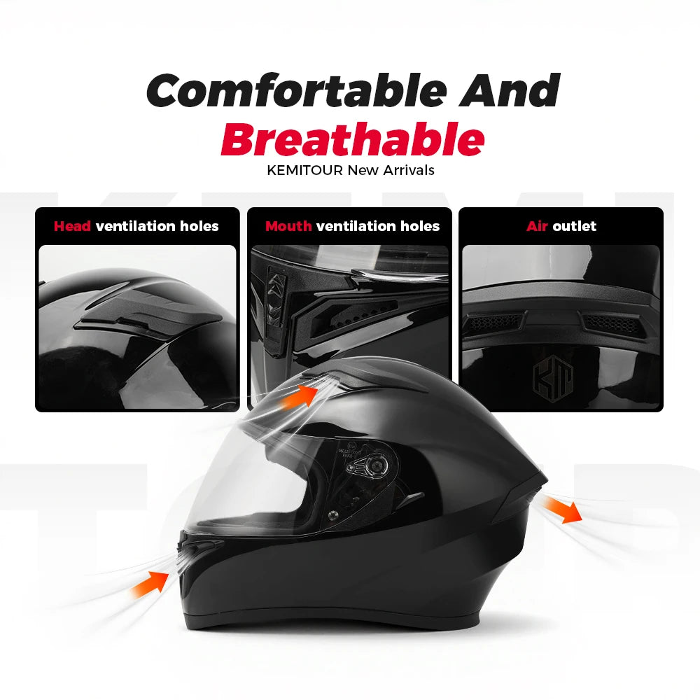 KEMITOUR Full Face Motorcycle Helmet ECE Certified – Black Full Face Helmet Nixie
