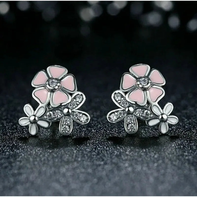 Silver Floral Daisy Zircon Stud Earrings – Pink & Peach Stud Earrings Nixie