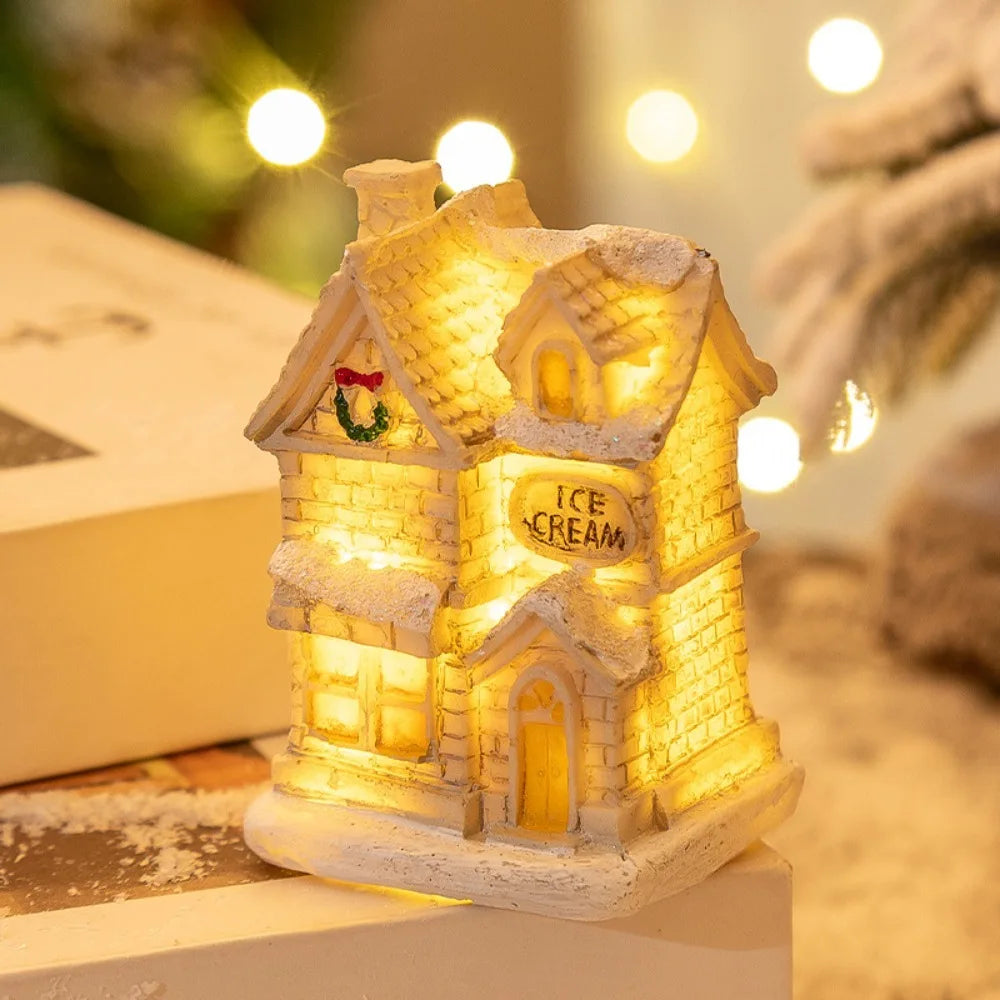 LED Miniature Christmas Village House Resin Ornament Decor Christmas Village Ornament Nixie White-White I
