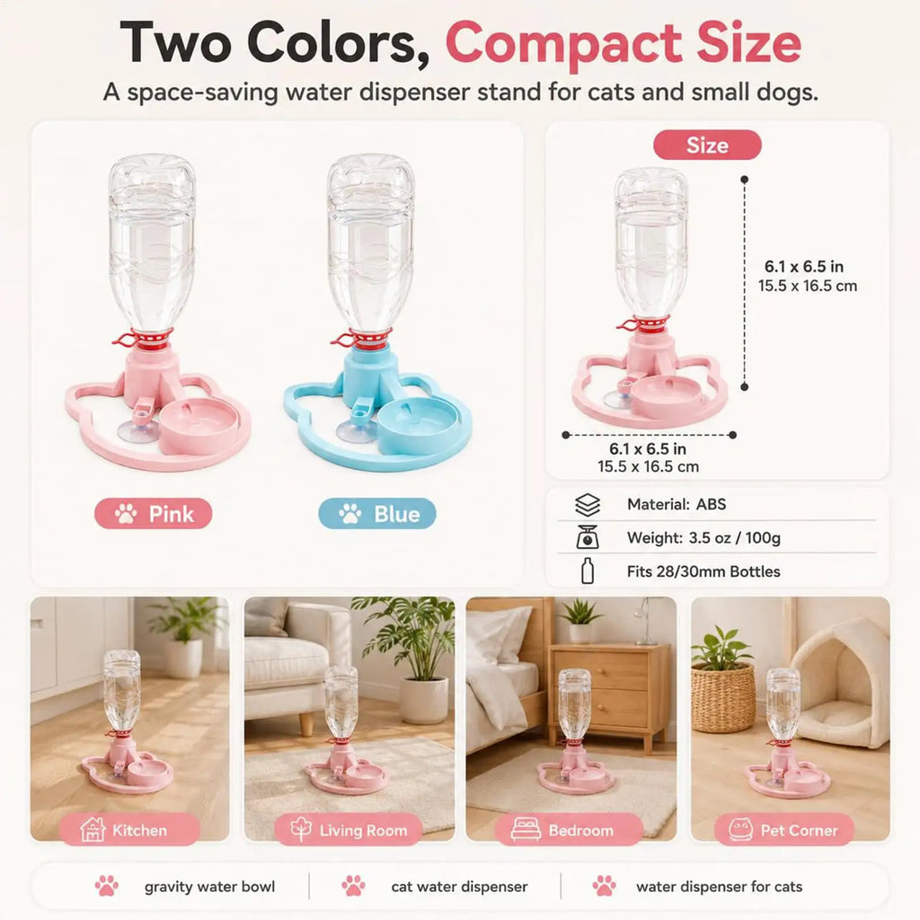Gravity Cat Water Dispenser 630ml Bottle & Suction Cup Bowl Pet Water Dispenser Nixie