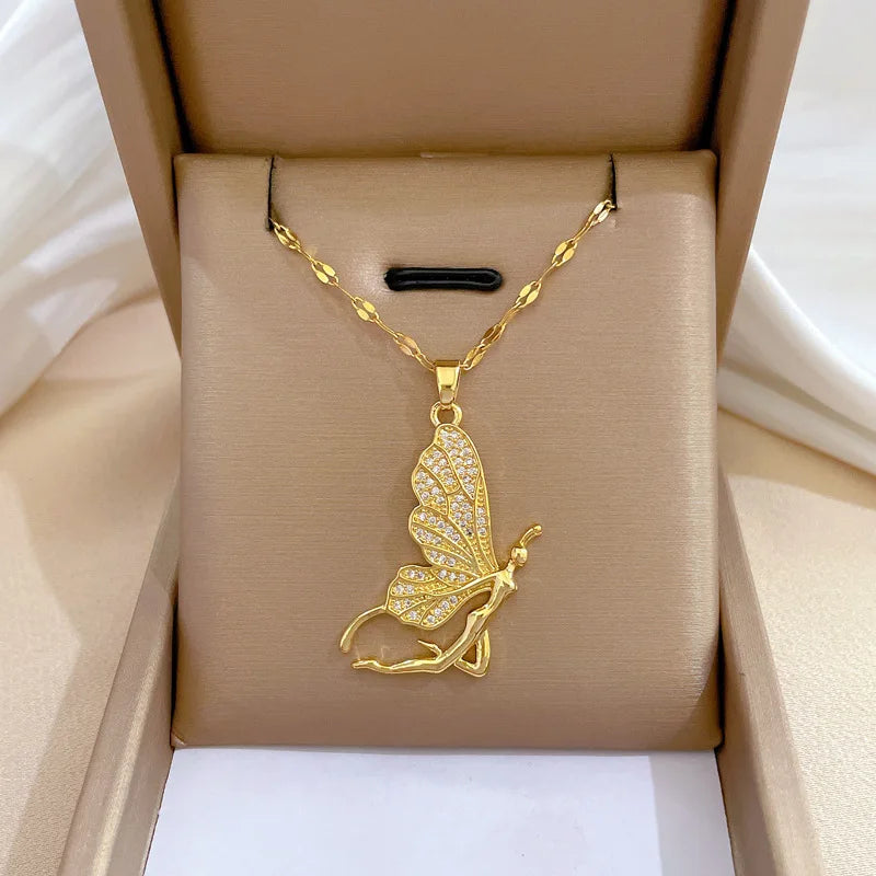 Butterfly Pendant Necklace Gold-Plated Zircon Clavicle Chain