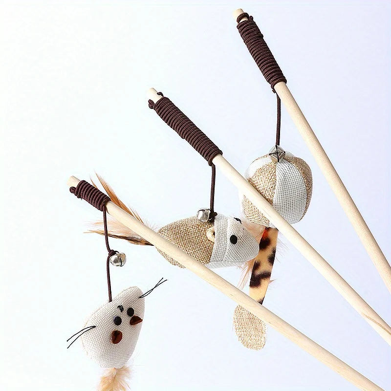 Wooden Cat Teaser Wand Toy – Feather Bell & Mouse Lure Cat Teaser Toy Nixie