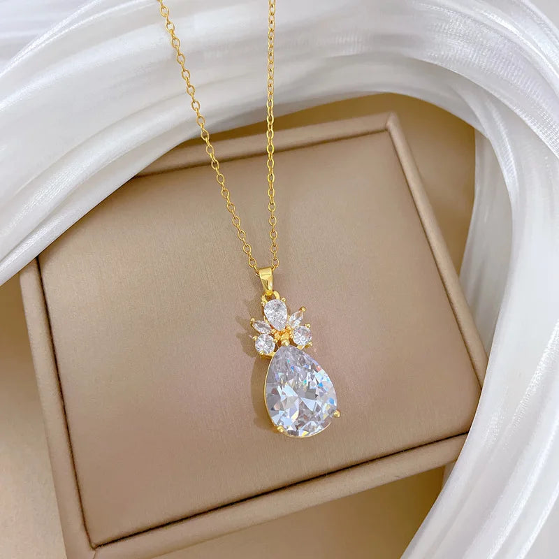 Waterdrop Pendant Necklace Women | Gold Zircon Clavicle Chain Pendant Necklace Nixie