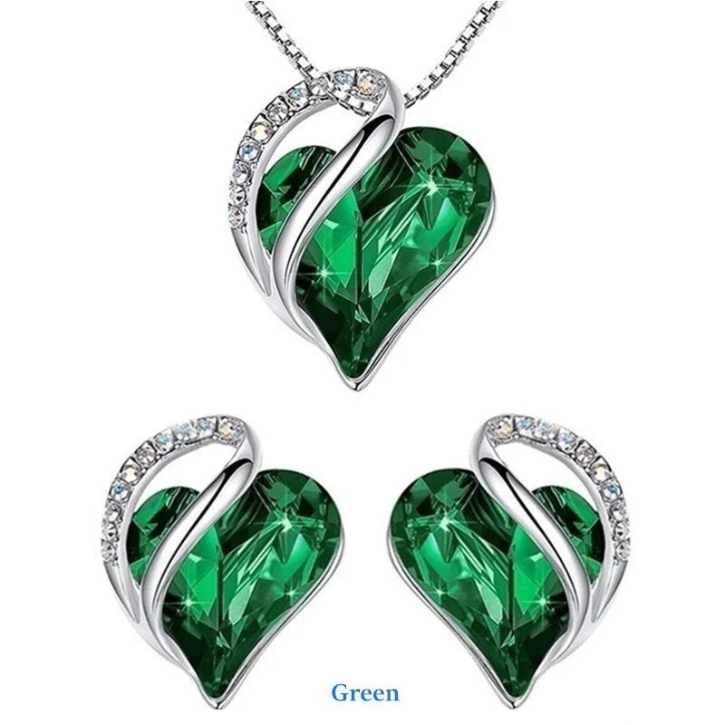 925 Silver Plated Heart Crystal Earrings & Necklace Set | Nixie Crystal Jewelry Set Nixie green