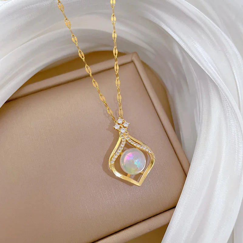 Zirconia Waterdrop Mermaid Pendant Necklace | Gold Steel Pendant Necklace Nixie