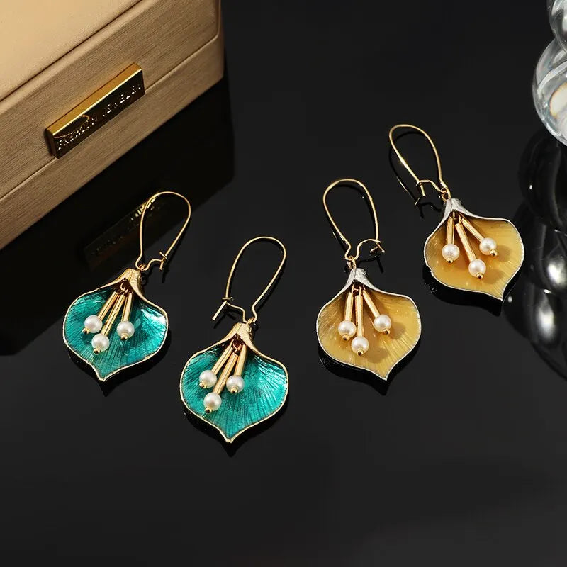 2PCS Enamel Flower Drop Earrings – Bohemian Tassel Style Women Drop Earrings Set Nixie