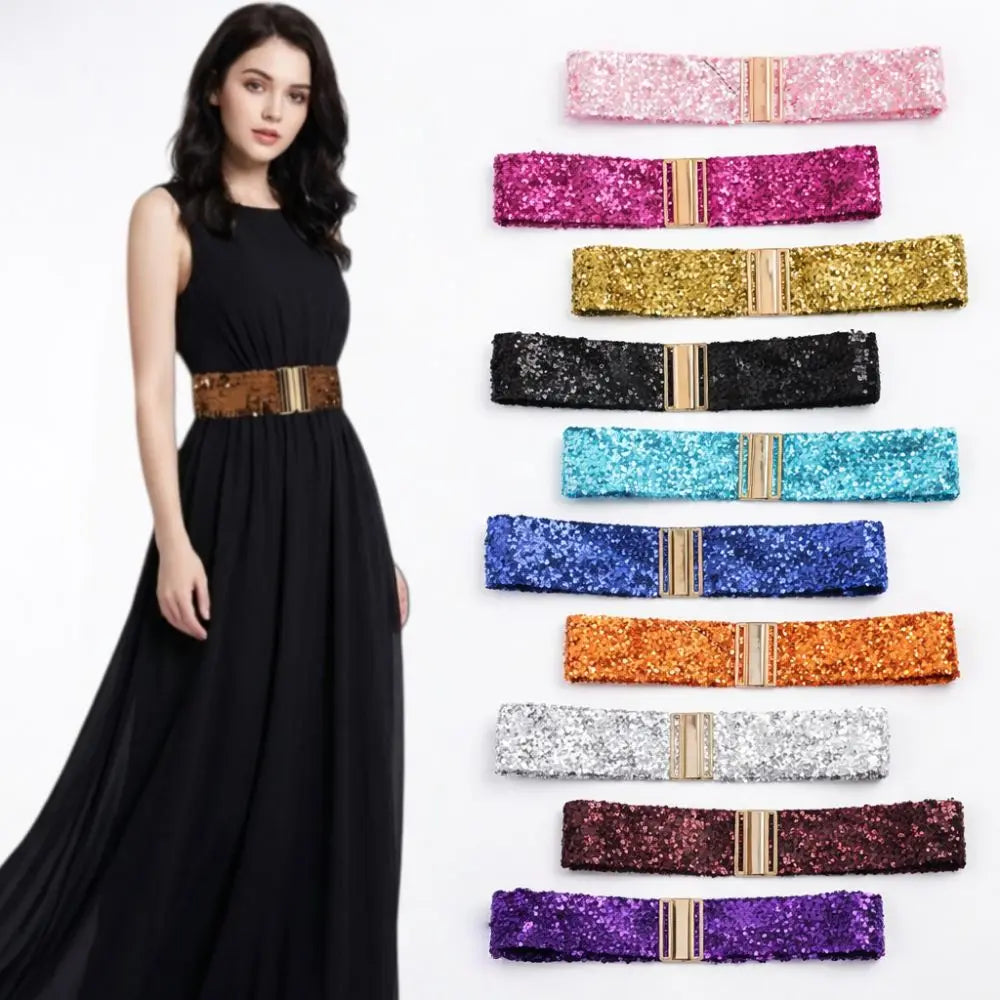 Women's Elastic Sequin Stretch Belt Gold Buckle – 60cm Sequin Stretch Belt Nixie