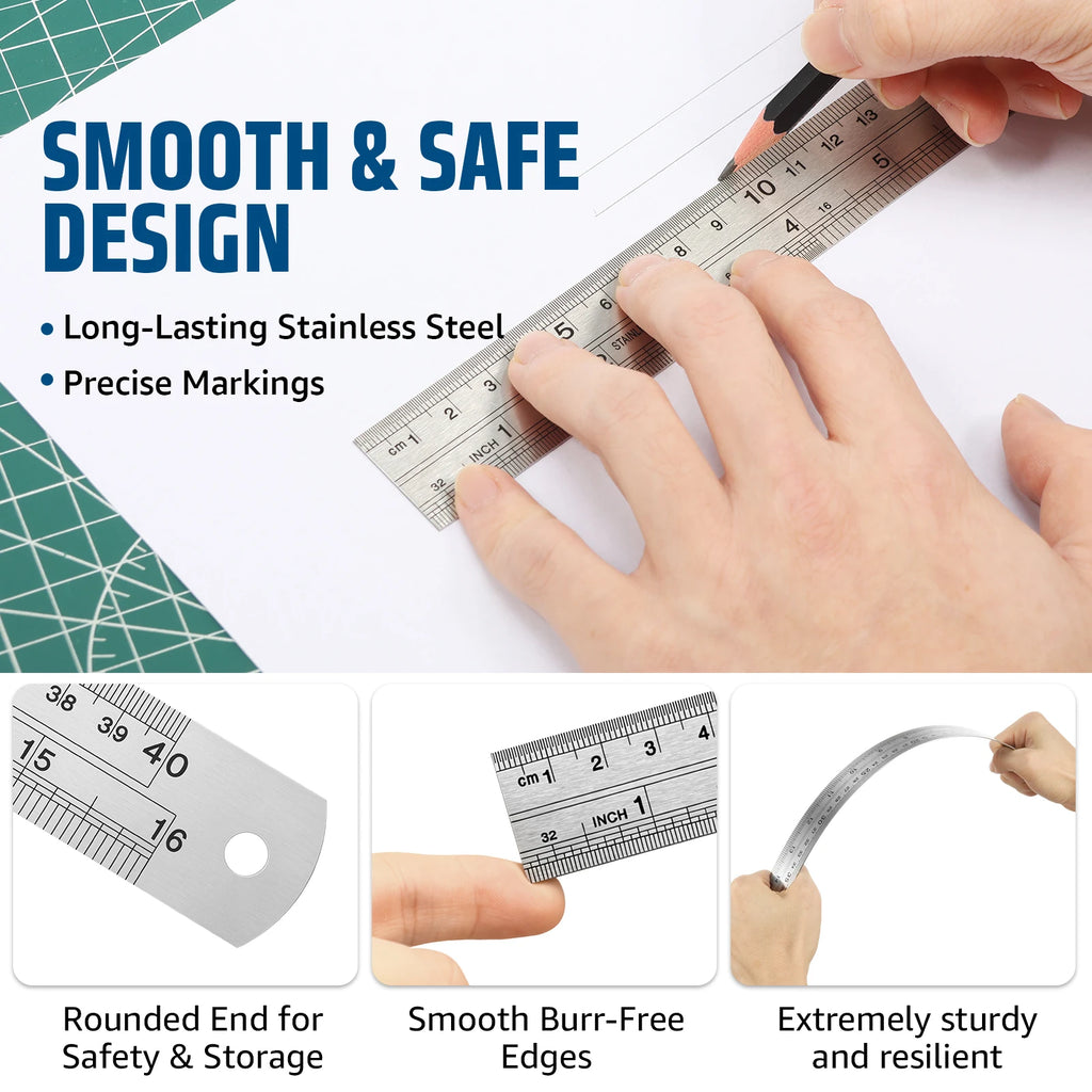 8-Piece Stainless Steel Ruler Set – Metric & Imperial Dual Scale Precision Ruler Set Nixie