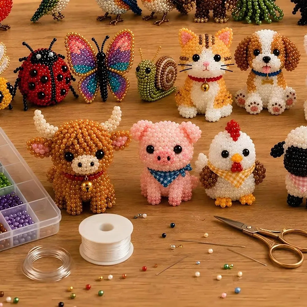 4pcs 3D Animal Bead Kit – DIY Farm & Sea Creatures Craft DIY Bead Craft Kit Nixie