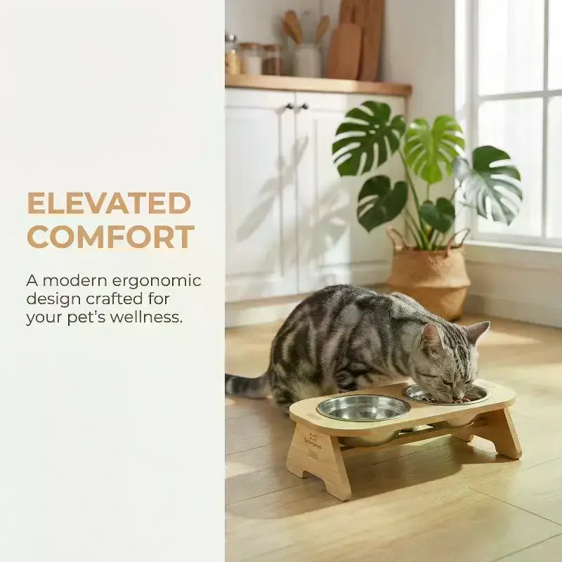 Elevated Cat Bowls 15° Tilted Raised Feeder with Wooden Stand Raised Pet Feeder Nixie