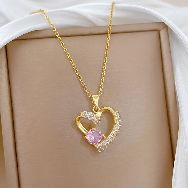 Diamond-Paved Heart Pendant Necklace | Gold & Steel Women Pendant Necklace Nixie