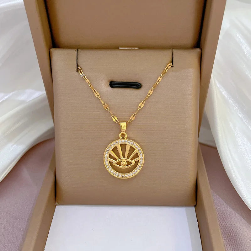 Evil Eye Circle Pendant Necklace – Gold Stainless Steel & Zircon Pendant Necklace Nixie