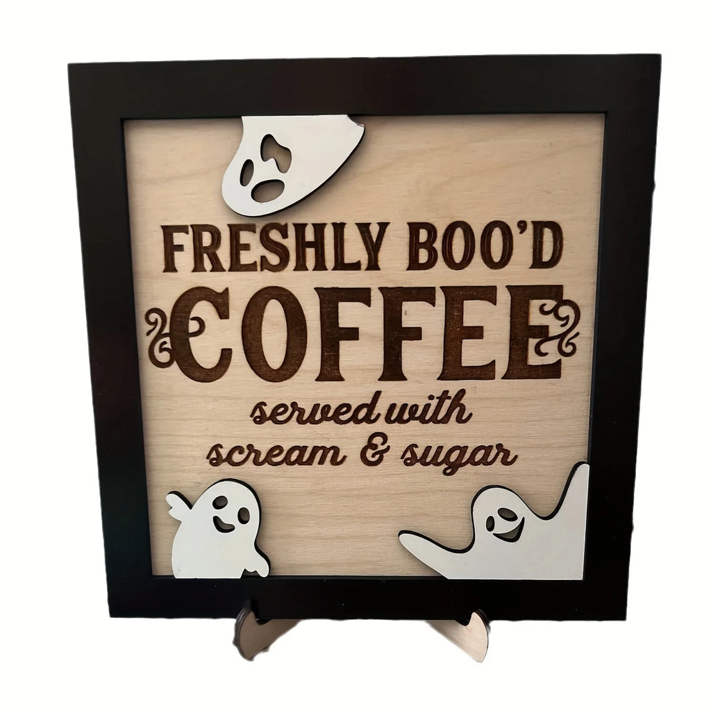 3D Wooden "Fresh Boo Coffee" Halloween Sign | Ghost Décor Halloween Wood Sign Nixie