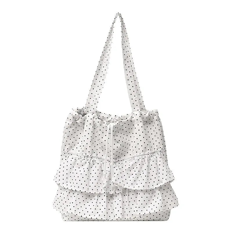 Korean Polka Dot Ruffled Tote Bag | Large Canvas Shoulder Bag