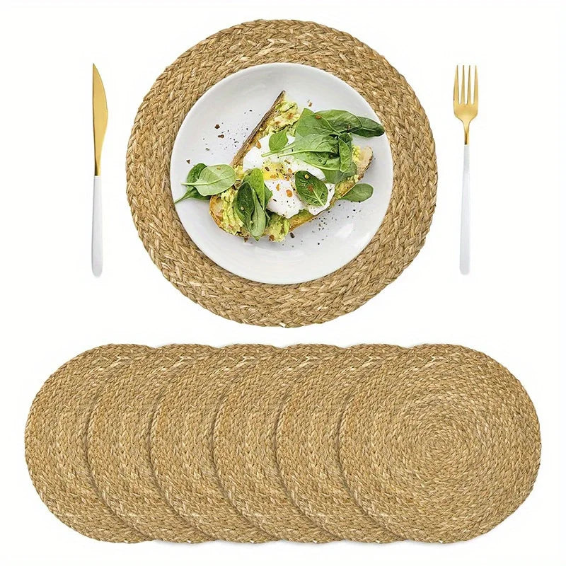 6-Pack Round Natural Woven Linen Placemats – Heat-Resistant Woven Table Placemats Nixie