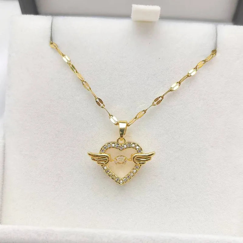 Love Heart Angel Wings Copper Pendant Necklace for Women