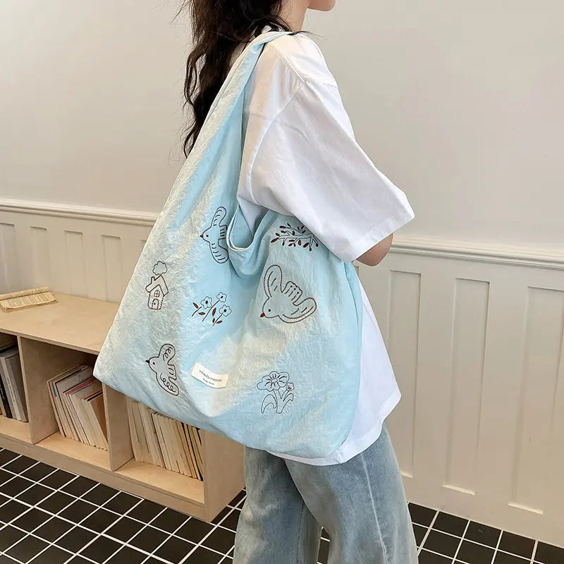 Women's Bird Embroidery Nylon Underarm Shoulder Bag | Nixie Shoulder Handbag Nixie Light Blue