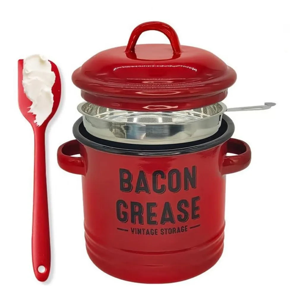 46 Oz Enamel Bacon Grease Container with Strainer & Lid