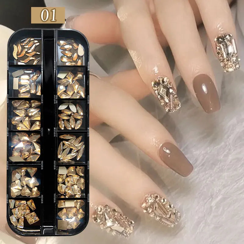 12-Grid Nail Art Rhinestone Kit – 120pc Flat Back Glass Gems Nail Art Rhinestones Nixie