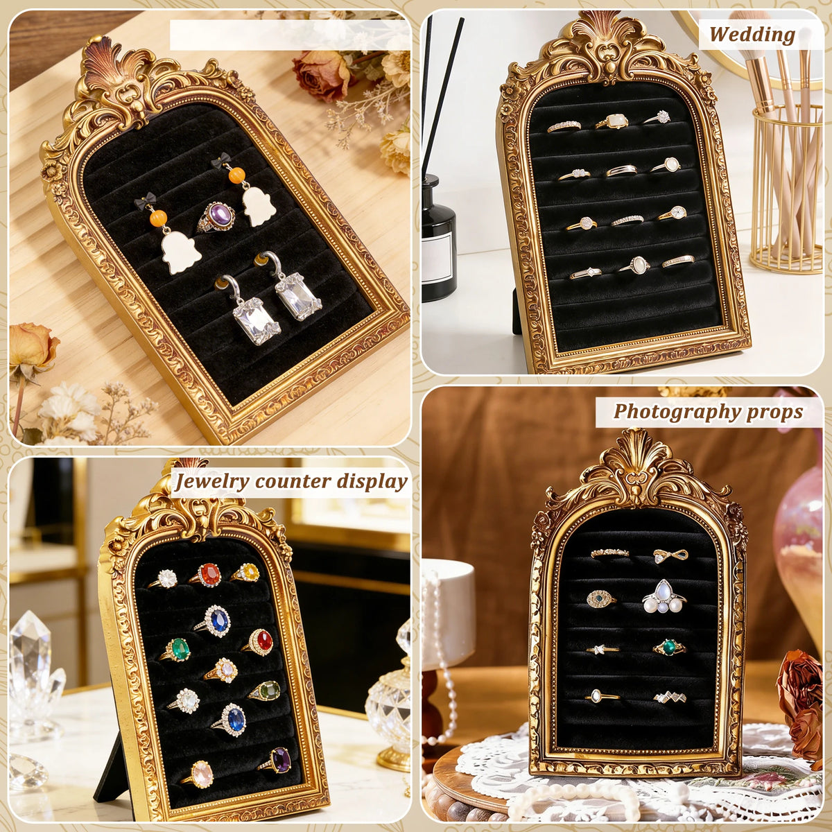 Vintage Gold Ring Display Stand & Velvet Earring Tray | Baroque Jewelry Display Stand Nixie