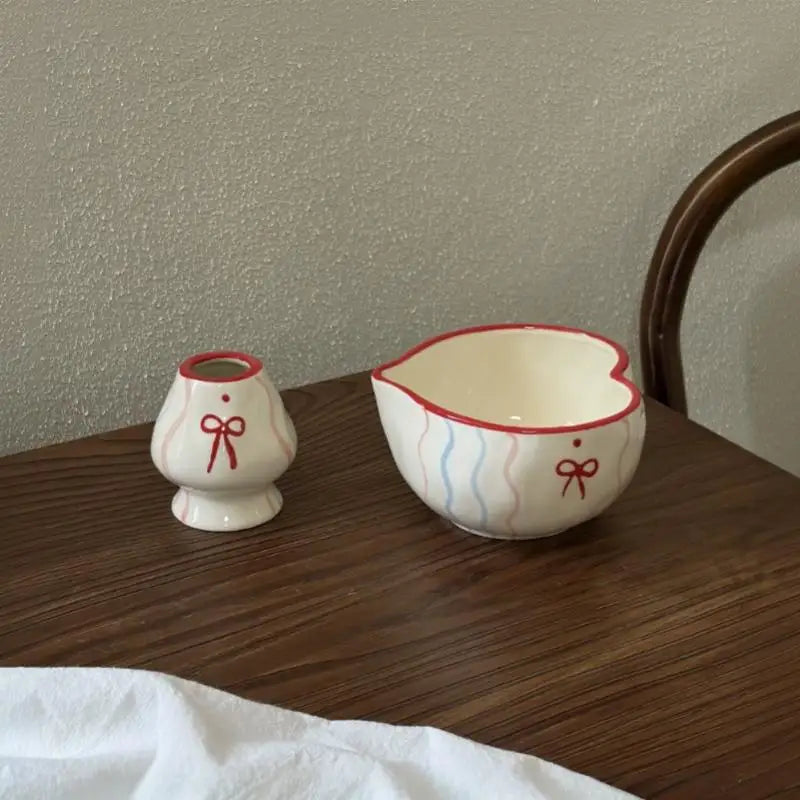 Heart Print Ceramic Matcha Bowl & Whisk Holder Set – 2Pcs Ceramic Matcha Set Nixie