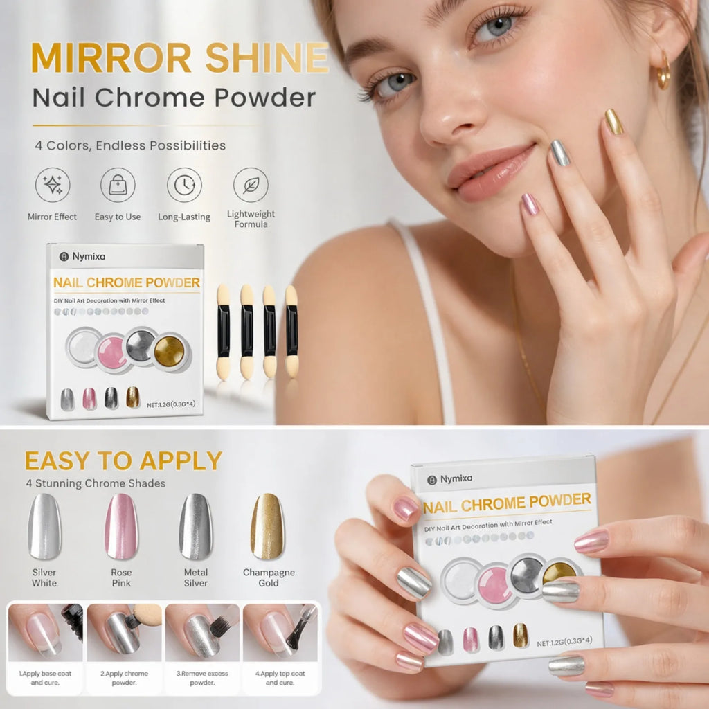 4-Color Mirror Chrome Nail Powder Set with Brushes | DIY Manicure Chrome Nail Powder Set Nixie