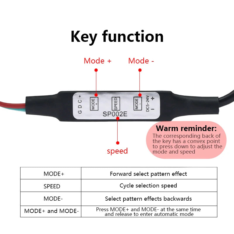 SP621E Bluetooth LED Strip Controller WS2812B USB 3-Key DC5V-24V