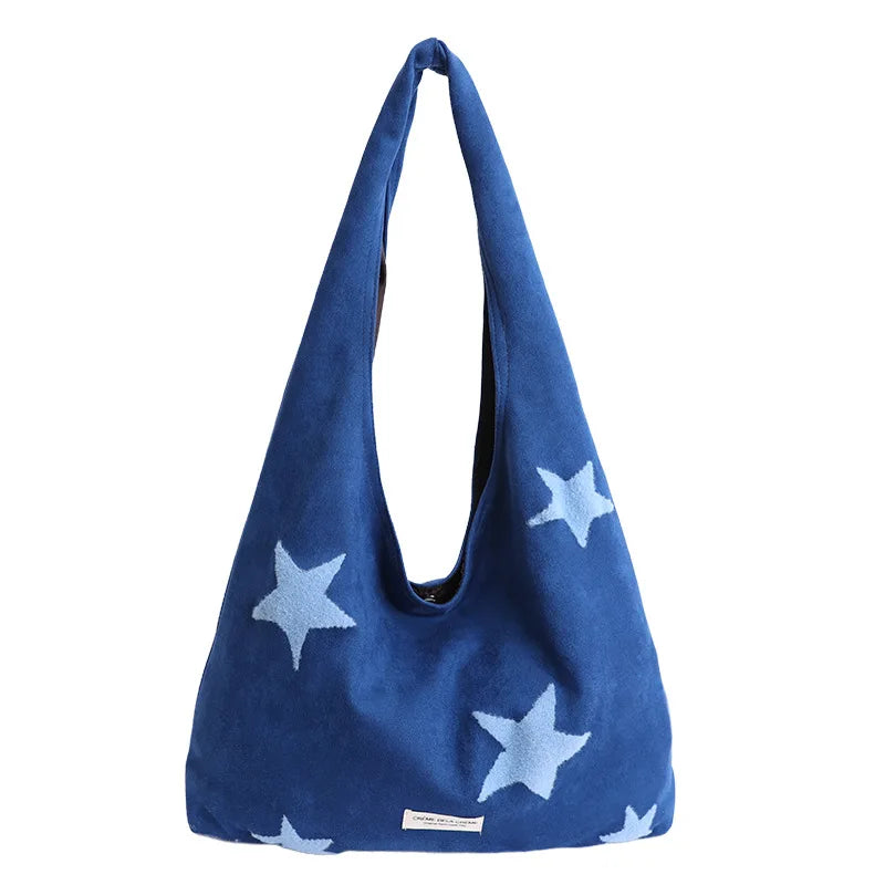 Korean Large Capacity Star Embroidered Shoulder Bag for Women Shoulder Bag Nixie Blue Extra Large