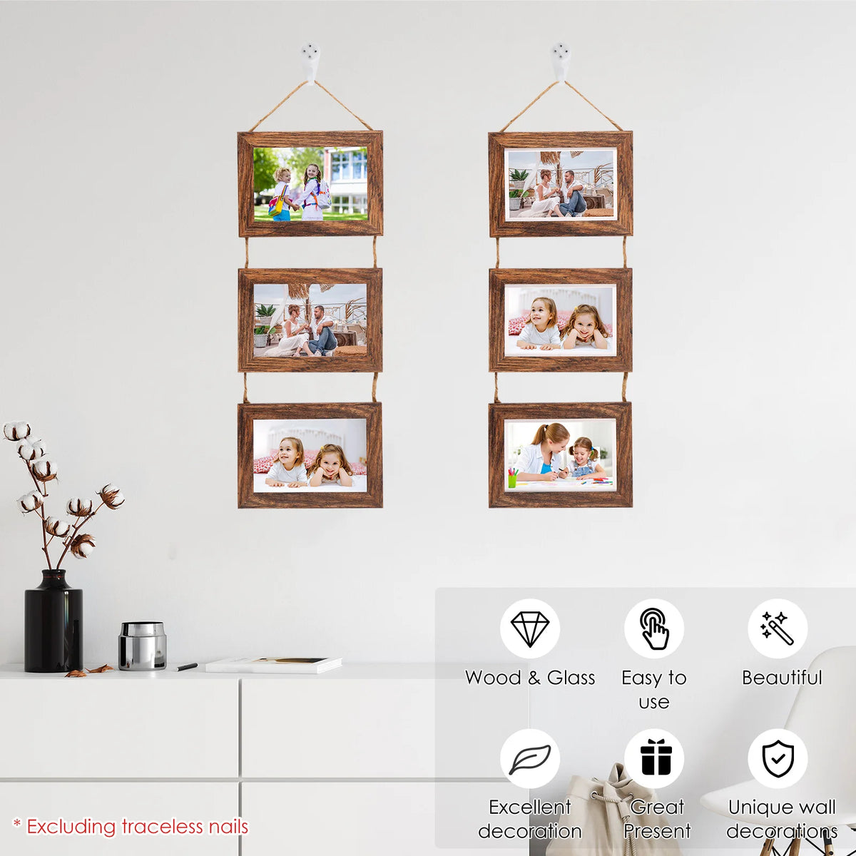4-Pack Triple Wall Hanging Collage Photo Frames – Rustic Wood