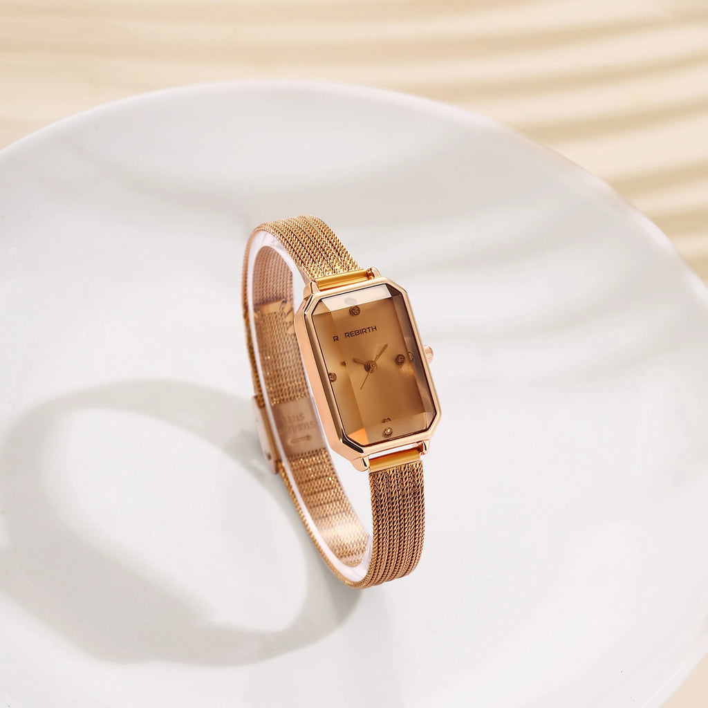 Women's Retro French Mesh Watch – Rhinestone Rectangle Dial Mesh Strap Watch Nixie