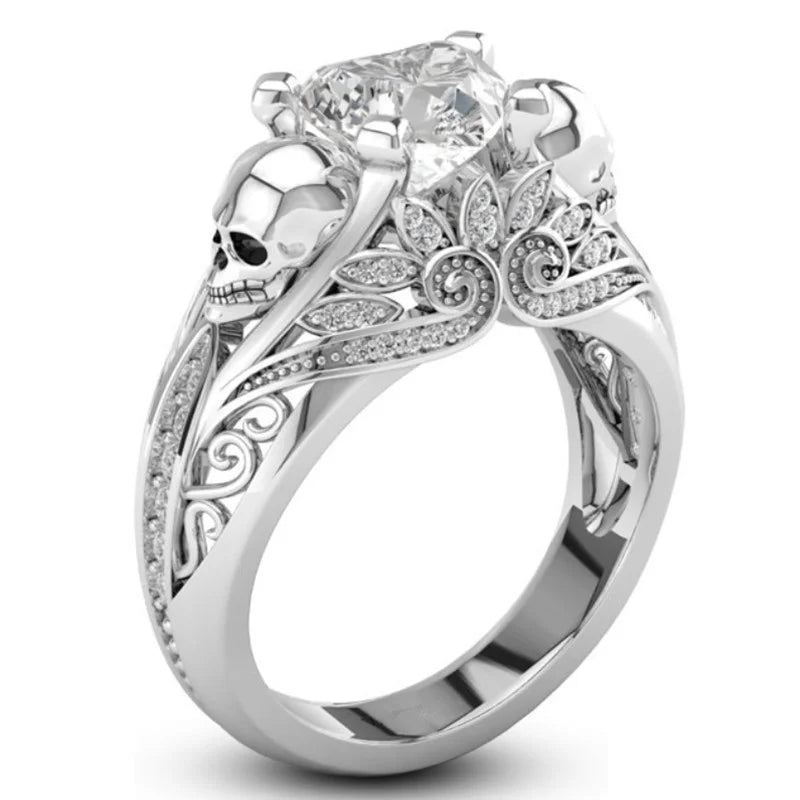 Skull Sapphire Crystal Punk Ring — Zinc Alloy, Unisex Skull Punk Ring Nixie 10 WHITE