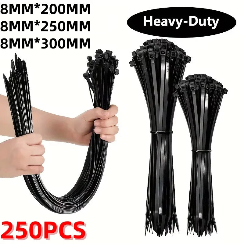 250pcs 8MM Heavy Duty Black Nylon Cable Zip Ties – Water Resistant Nylon Cable Ties Nixie