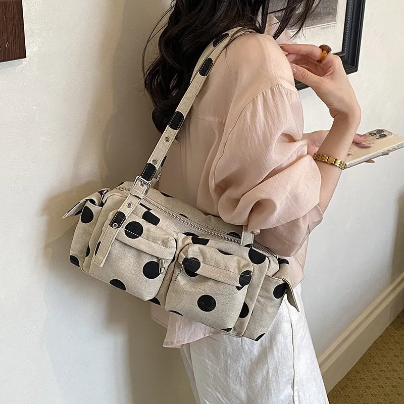 Korean Polka Dot Canvas Tote Bag – Large Women's Shoulder Bag Canvas Tote Bag Nixie