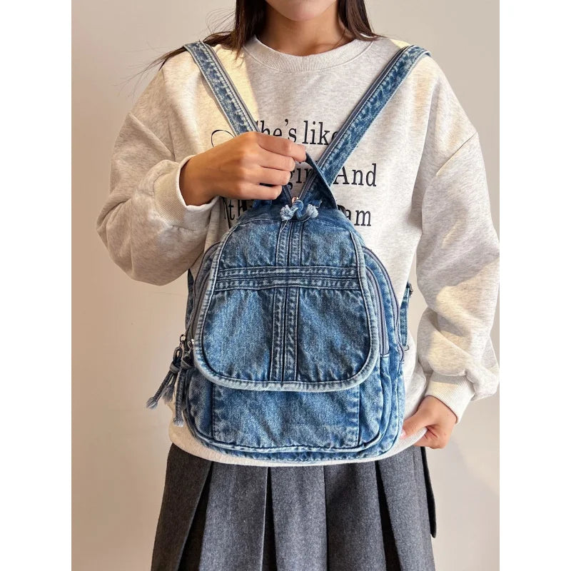 Vintage Washed Denim Backpack & Crossbody Shoulder Bag