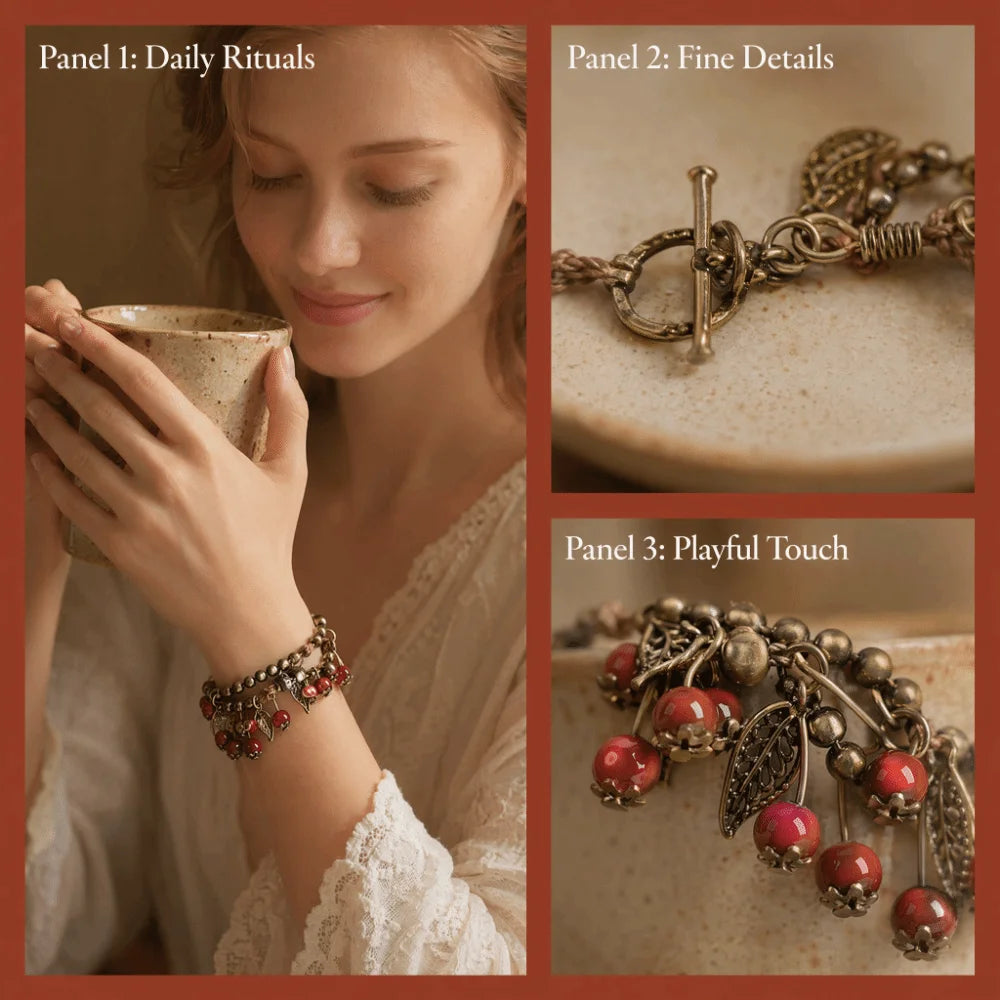 Ceramic Cherry Beaded Bracelet – Boho Braided Tassel Charm Beaded Charm Bracelet Nixie
