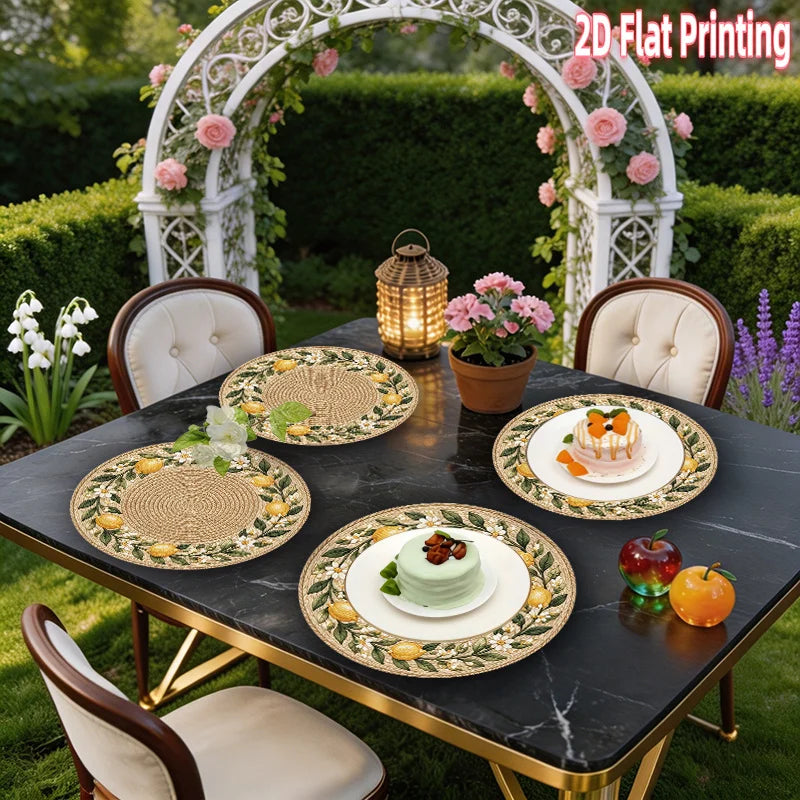 4-Piece Round Placemats Lemon Flower Rattan 15-Inch Polyester Decorative Placemats Nixie