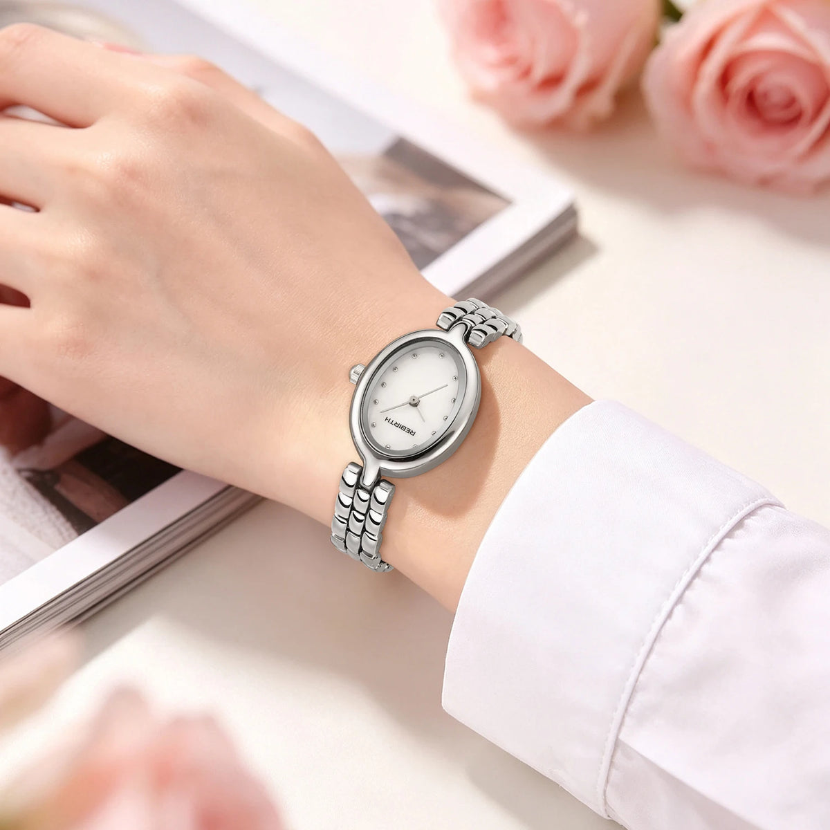REBIRTH Women's Oval Mother-of-Pearl Quartz Watch | Steel Strap Women's Quartz Watch Nixie