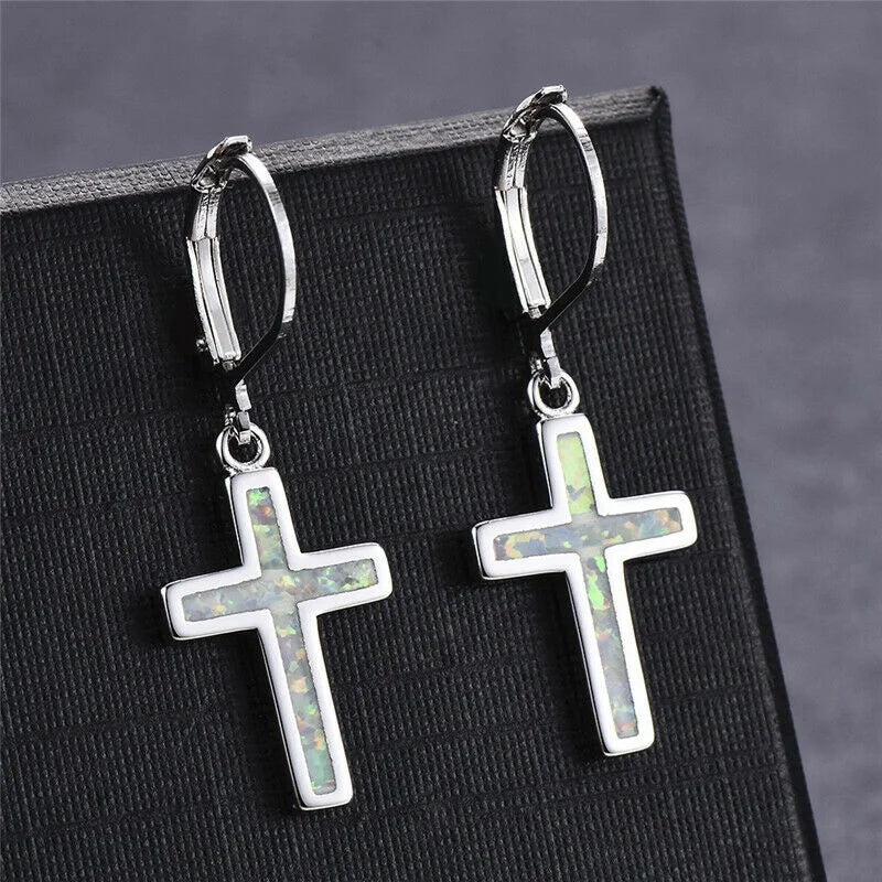 Blue Opal Cross Dangle Rhinestone Stud Earrings for Women Dangle Stud Earrings Nixie White