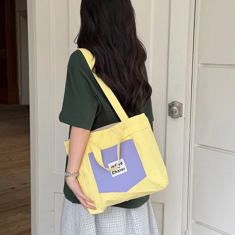 Women's Nylon Color Block Tote Bag | Korean Style Shoulder Bag Nylon Tote Bag Nixie