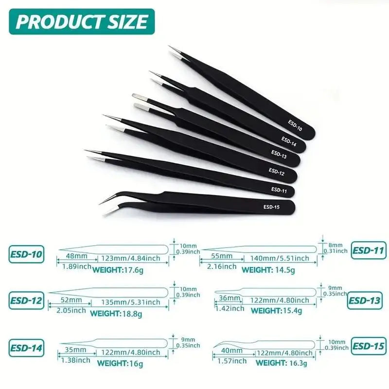 6-Piece ESD Anti-Static Precision Tweezers Set – Stainless Steel Precision Tweezers Set Nixie