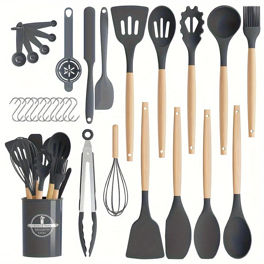 30-Piece Silicone Kitchen Utensil Set with Wooden Handles Silicone Utensil Set Nixie Dark Grey
