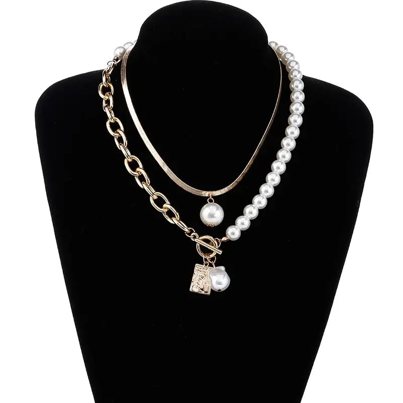 2PCS Gold Hip Hop Baroque Faux Pearl Pendant Necklaces Set Pendant Necklace Set Nixie
