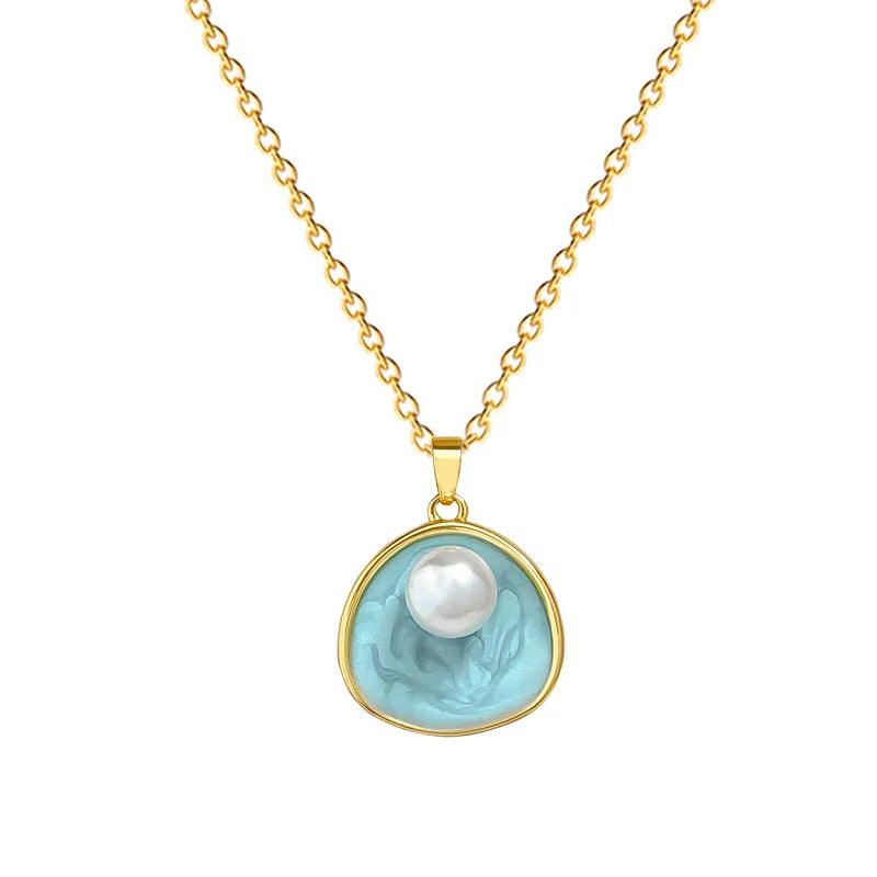 Imitation Pearl Blue Pendant Necklace – Gold-Plated Steel Pendant Necklace Nixie