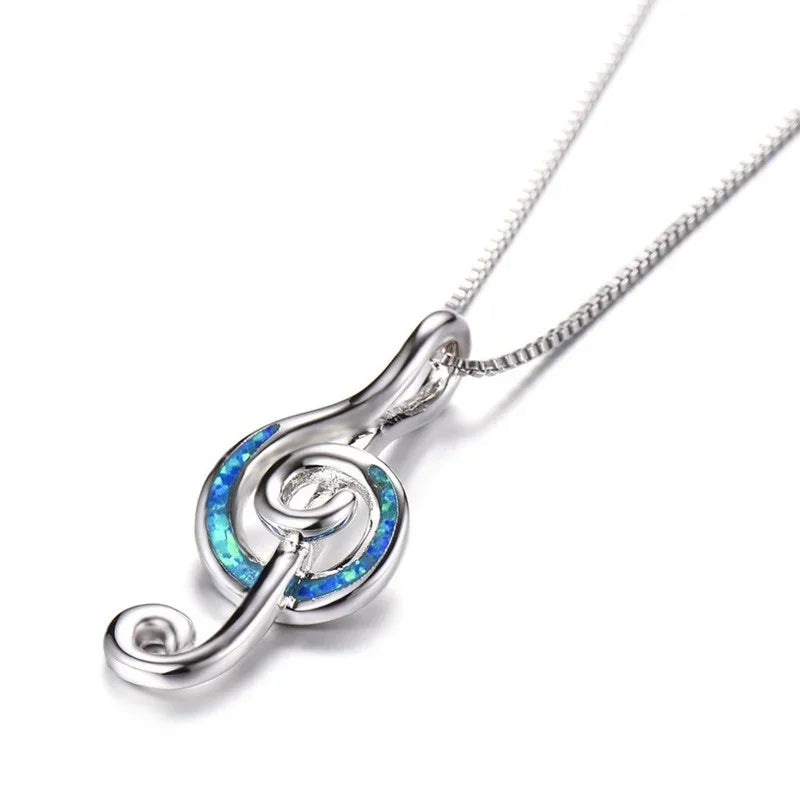 Music Note Opal Pendant Necklace – Silver Blue White Pendant Necklace Nixie