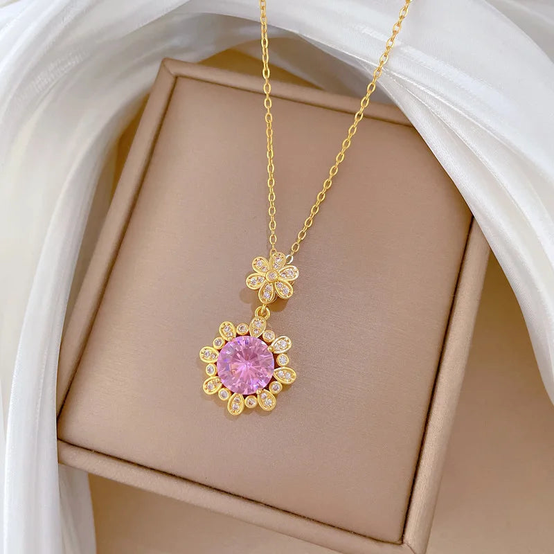 Pink Flower Zircon Pendant Necklace – Gold Plated for Women Pendant Necklace Nixie