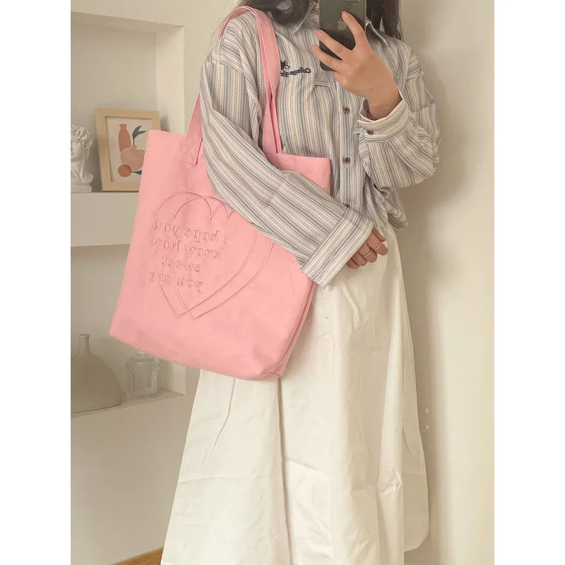 Korean Heart Embroidery Canvas Tote Bag – Large Capacity Canvas Tote Bag Nixie